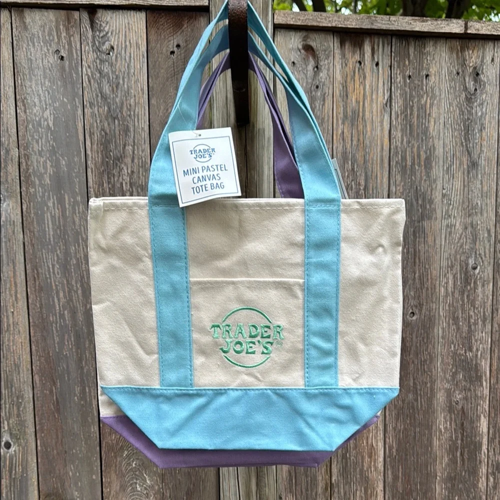 Trader Joe’s Adorabke Mini!  Two totes! Aqua Blue and Lavender Canvas Tote - Picture 2 of 5